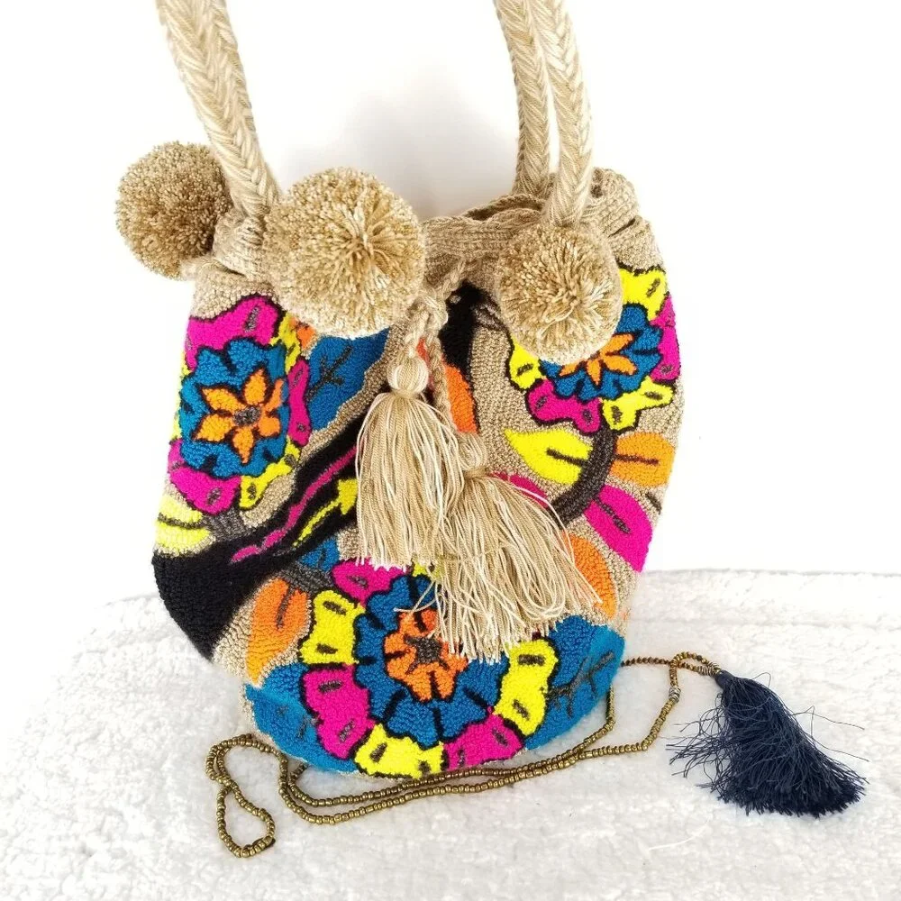 Handwoven Boho Bird & Floral Design Tote Bag With Tassels‎ & Pom-Poms《321》P